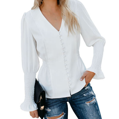 

Blouse Women Autumn Fashion Concise Solid V-neck Casual Long Sleeve Blusas Slim Fit Shirt Women Tops White Blouse