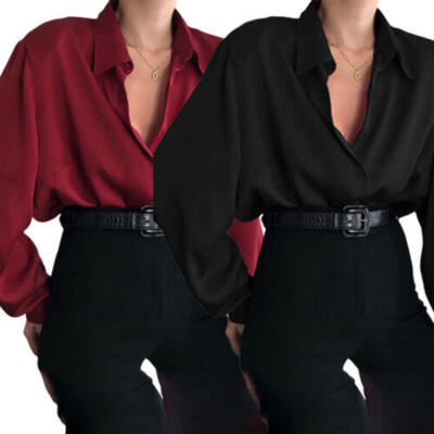 

New Womens Button Down Long Sleeve Shirt Ladies Plain Office OL Work Blouse Tops