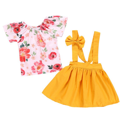 

Baby Girls Clothes Set Floral T-shirt Dress Set Lovely Bowknot Dress Suspenders Sets for Summer