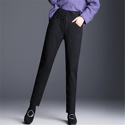 

Woollen harem pants thickened autumn winter suit pants nine points casual womens trousers big size elastic waist small foot pants