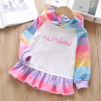 

Toddler Baby Girls Dress 2-7T Autumn Cartoon Rainbow Stripes Print Hooded Sweater Skirt Princess Cute Casual Long Sleeve Dress