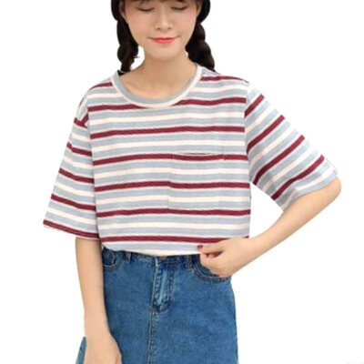 

Fashion Stripe Print Round Neck Short Sleeve T-Shirt Summer Women Loose Tee Top