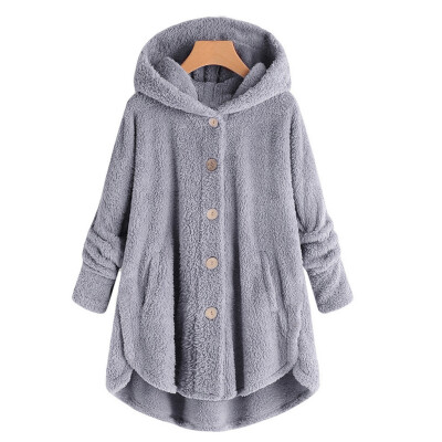 

Toponeto Women Plus Size Button Plush Tops Hooded Loose Cardigan Wool Coat Winter Jacket