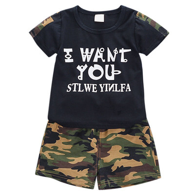 

2PcsSet Summer Children Baby Boys Casual Short Sleeve Letter Print T-shirt TopsCamouflage Shorts Suits Costume Set