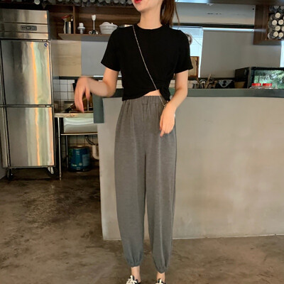 

Women Knot T-Shirt Top Ankle Length Harem Pants 2 Pieces Set Fashion O-Neck Solid Pullover tshirt&Pants