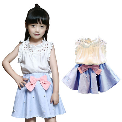 

2Pcs Kids Clothes for Girls The Bow Skirt&Lace Top Summer Suit Korean Style Childrens Clothing Sets Baby Toddler Set
