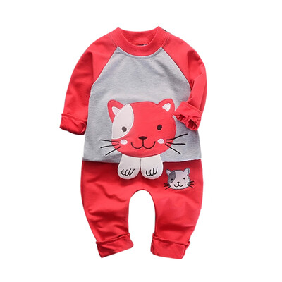 

Autumn Set Children Baby Girls Boys Set Casual Long Sleeve Cartoon Cat Pattern Sweatshirt TopsPants Trouser Set