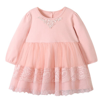 

Children Spring Autumn Girls Cute Solid Color Mesh Stitching Round Collar Princess Long-Sleeved Sweet Dress