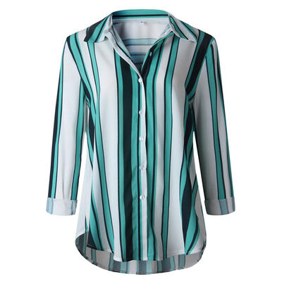 

Women Lapel Single-Breasted Long Sleeve Stitching Stripe Loose Shirts Versatile Blouse