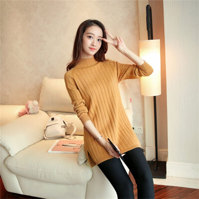 

Korean Style Long Section Half-neck Sweater Dress Striped Hem Split Dress Female AutumnWinter Women Solid Dresses