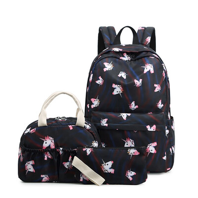 

Student Unicorn Backpack Lunch Bag Pen Bag Set Women Nylon Backpack