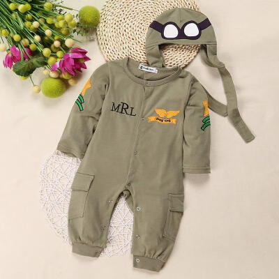 

Newborn Baby Boys Kids Fashion Cute Fly Polit Army Green Long Sleeve RompersFashion Cap Hat Outfits clothes