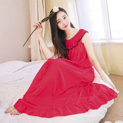 

Sexy Ice Slik Lace Sleepwear Skirt Sleeveless Temperament O-neck Ten Color Sleep Long Skirt Nightgown