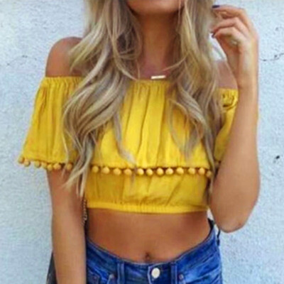 

New Fashion Sexy Exposed Navel Shirt Summer Women Slash Neck Hairball Shirt