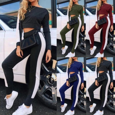 

Women Ladies Tracksuit Sweatshirt Pants Sets Long Sleeve Sport Fitness Striped Suits