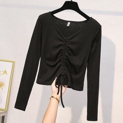 

Casual Slim T-Shirt Women Lace Up T-shirt O-Neck Long Sleeve Female Fashion Tee Tops