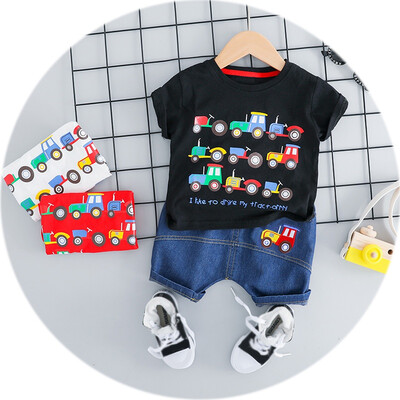 

Cartoon Car Boy Clothes Set Print Cartoon T-shirt Denim Shorts Fashion Casual Toddler Kids Clothes Set