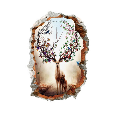 

3D Broken Hole Removable Self-Adhesive Creative Deer Wall Decor Sticker Decals Bedroom Living Room Background Decoration Murals