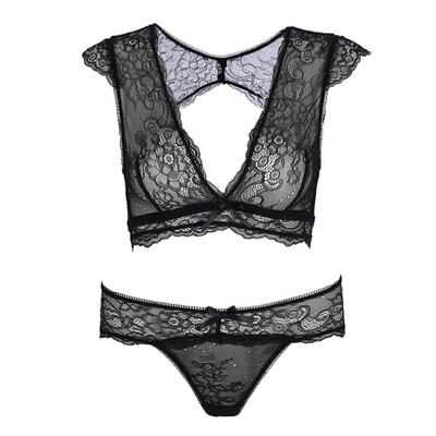 

Transparent Lace Bra Set Deep V Lace Lingerie Ultra-thin Bra Breifs Set Unlined womens bras&underwear sets Full Soft Cup