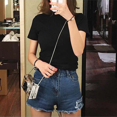 

Fashion Women Summer Half High Collar Tshirt Solid Color Loose Short Sleeve Tee T Shirts Tops Casual T-Shirt Simple Wild Tops