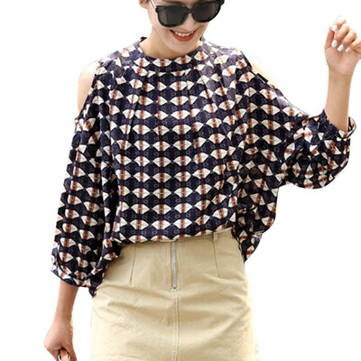

Women O Neck Long Sleeve Cold Shoulder Chiffon Womens Blouse And Tops Korean Print Sexy Hollow Out Chiffon Shirts Female