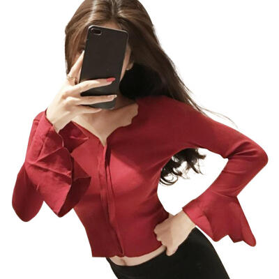 

Fashion Women T-Shirt V-Neck Ruffled Sleeve Slim Fit Autumn Sexy Retro Tops