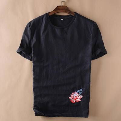 

Toponeto Mens Summer New Style Fashion Embroidered Cotton Hemp Short Sleeve Blouse Top