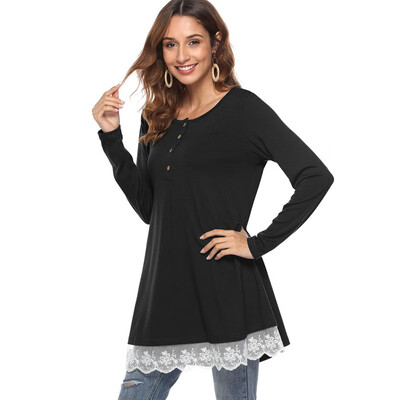 

2018 women tops Autumn sexy Casual Long Sleeve cover up O-Neck Button Solid Lace Shirt tops&blouses