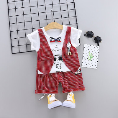 

Summer Boy Clothes Set Vest Fake Two-Piece Short Sleeve t-Shirt Round Collar Casual T-shirt Solid Color Pants Cartoon T-shirt