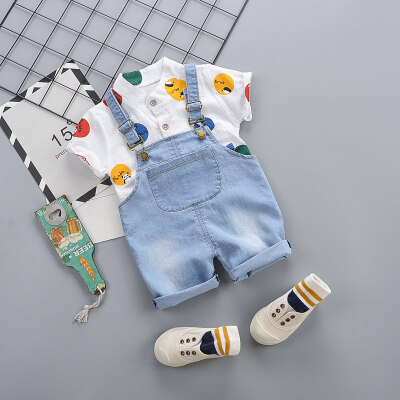 

2PcsSet Summer Baby Boys Girls Casual Short Sleeve Dot Print T-shirt TopsStrap Denim Shorts Costume Set