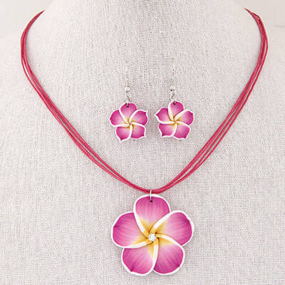 

Sweet Flower Wax Rope Necklace Earrings Set Female Temperament Fashion Flower Pendant Earrings Festival Gift