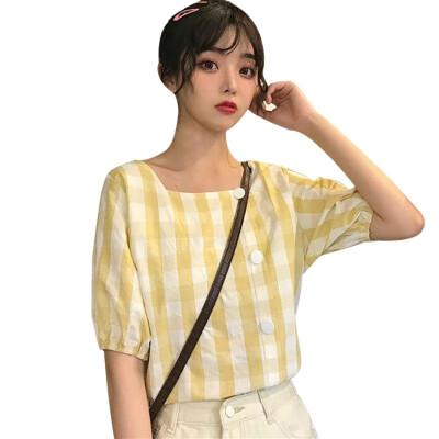 

2019 women top Casual blouses Simple Loose Square Collar Short Sleeve Plaid Print Buttons Basic Blouse