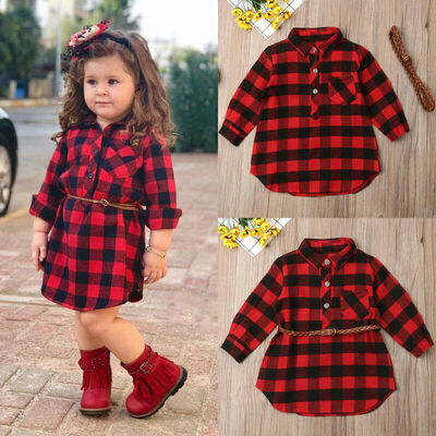 

2Pcs Plaid Toddler Kids Baby Girl Outfit Clothes T Shirt Top DressBelt Set