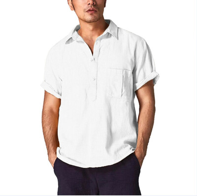 

2019 New Summer Fashion Men Casual Shirts Short Sleeve Solid Color Single-Breasted Lapel Collar Cotton And Linen Tops