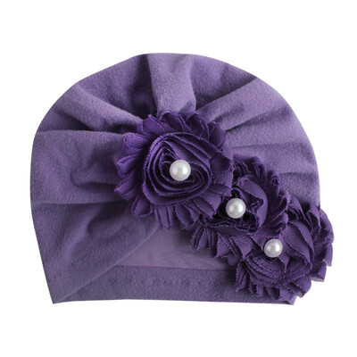 

Hot Sale Summer New Cute Baby Girl Hat Comfortable Breathable Solid Color With Flower Pearl Candy Color Turban Elastic Cap