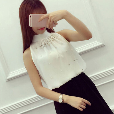 

fashion sleeveless chiffon blouse beading turtleneck solid blusas OL slim waist shirts sexy back bow tie bandage women tops