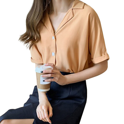 

Plus Size Top Women Wild Solid Color Casual Loose Single-breasted Cotton Short Sleeve Lapel Blouse