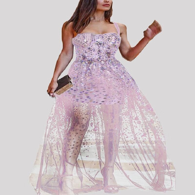 

Solid Sweetheart Cami Sequins Sheer Overlay Busty Full-length Evening Dress
