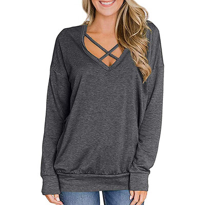 

Casual Women Slim V Collar Summer Solid Color Cross Loose Long Sleeve Casual Simple Wild T-Shirt