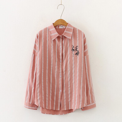 

Ladies Elegant Shirt Harajuku Style Puppy Embroidered Cotton Blouse Casual Women Stripe Long Sleeve Tops&Blouses