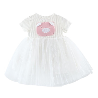 

Summer Casual Baby Girls Cartoon Pig Pattern Short Sleeve Dress Cotton Kids Toddler Mesh Sundress