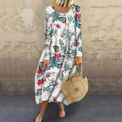 

Tailored Womens O-Neck Plus Size Long Sleeves Printing Splicing Casual Long Dress