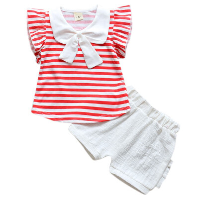 

Summer Baby Girls Casual Flare Sleeve Stripe Print Bow T-shirt TopsShorts Suits Costume Set