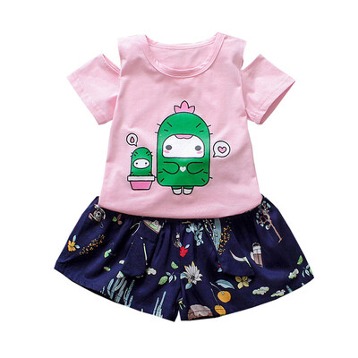

Girls Summer Cartoon Cactus Print Short Sleeve T-shirtFloral Shorts Suits Casual Costume Set