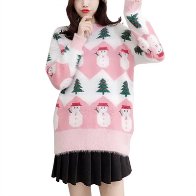 

Autumn And Winter New Imitation Velvet Printed Christmas Snowman Sweater Round Neck Loose Womens Sweater