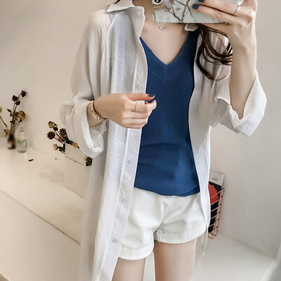 

Women Casual Shirt Solid Cardigan Turn-down Collar Blouse Loose Long Sleeve Cotton Long Blouse Coat