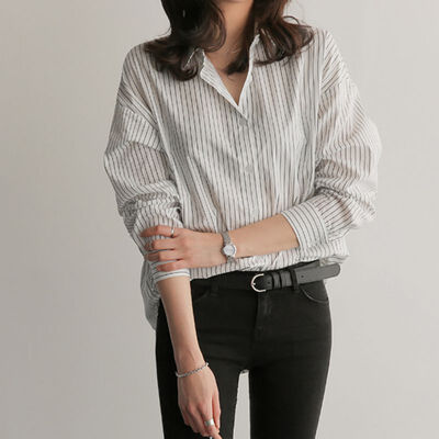 

Spring Autumn Women Blouse V-Neck Long Sleeve Work Shirts Women Office Tops Striped White Blouse