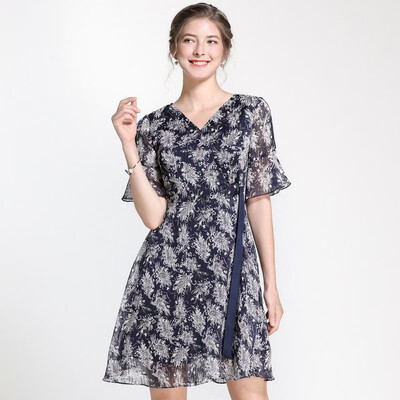 

M L XL XXL 3XL 4XL 5XL plus size elegant new summer 2019 women midi chiffon dress short sleeve big size blue flower print A line