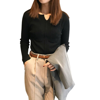 

EFINNY Korean Style Pockets Solid Color Sweater Sexy Slim V-neck Long-sleeved Women Autumn Knitted Pullover