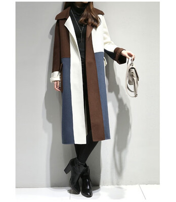 

New womens autumnwinter 2018 plus-size medium long woollen coat for women stitching contrast color long woollen coat